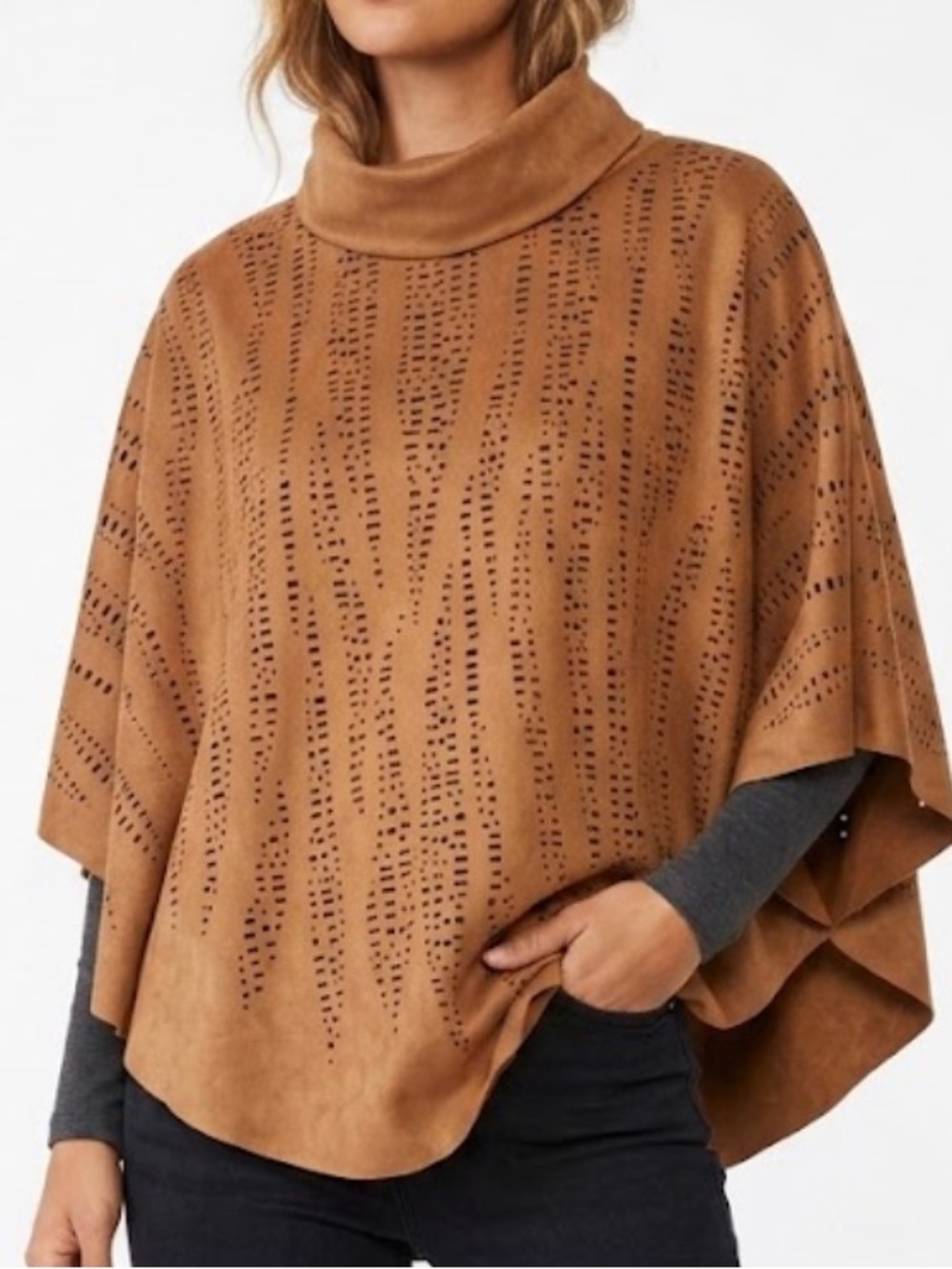 Alberto Makali Brown Faux-Suede Laser-Cut Turtleneck Poncho